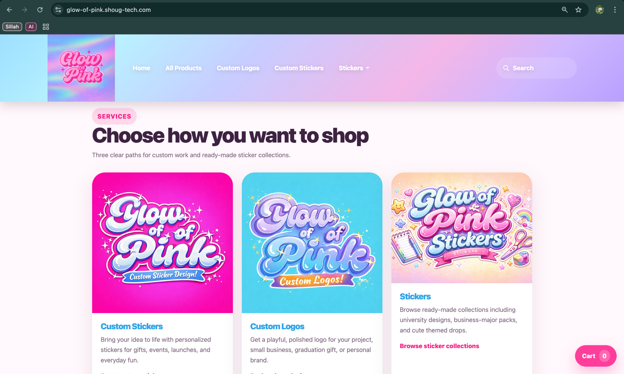 Glow of Pink homepage after redesign secondary view