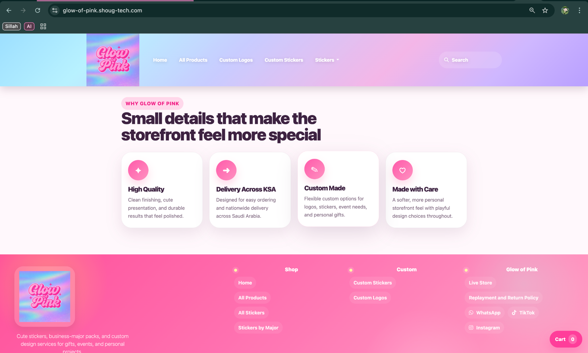 Glow of Pink homepage after redesign footer