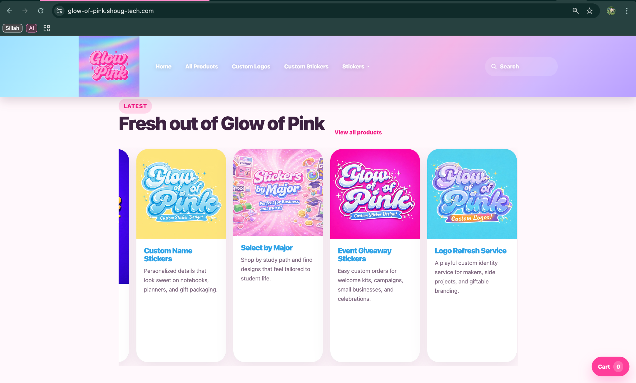 Glow of Pink homepage after redesign sliding section